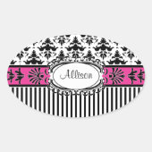 シックなパリピンクとブラックダマスクとストライプ 楕円形シール (正面)