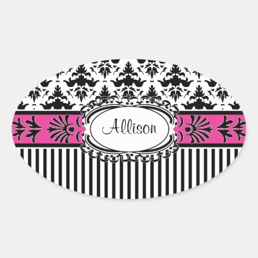 シックなパリピンクとブラックダマスクとストライプ 楕円形シール (正面)