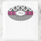 シックなパリピンクとブラックダマスクとストライプ 楕円形シール (バッグ)