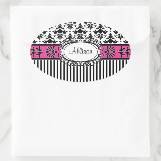 シックなパリピンクとブラックダマスクとストライプ 楕円形シール (バッグ)