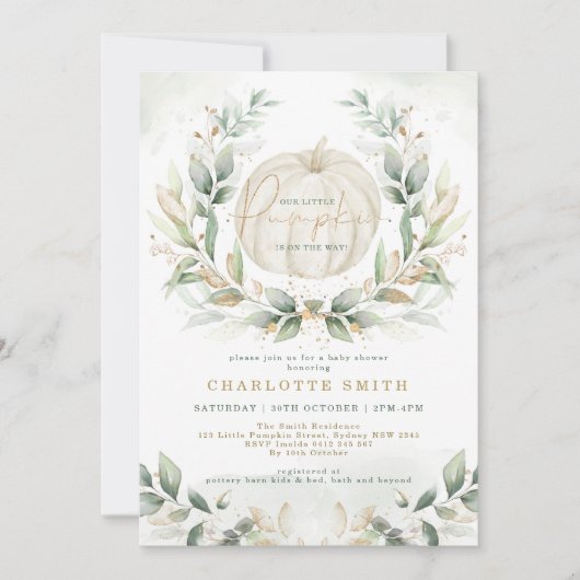 シックなパンプキングリーン金ゴールド秋リースベビーシャワー 招待状 (正面)