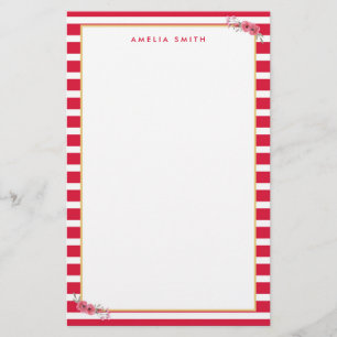 シックなパーソナライズされた名前ピンクストライプ色の花 便箋