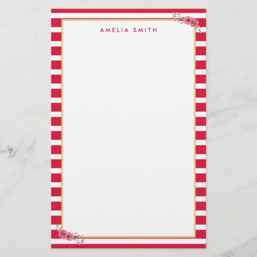 シックなパーソナライズされた名前ピンクストライプ色の花 便箋 (正面)