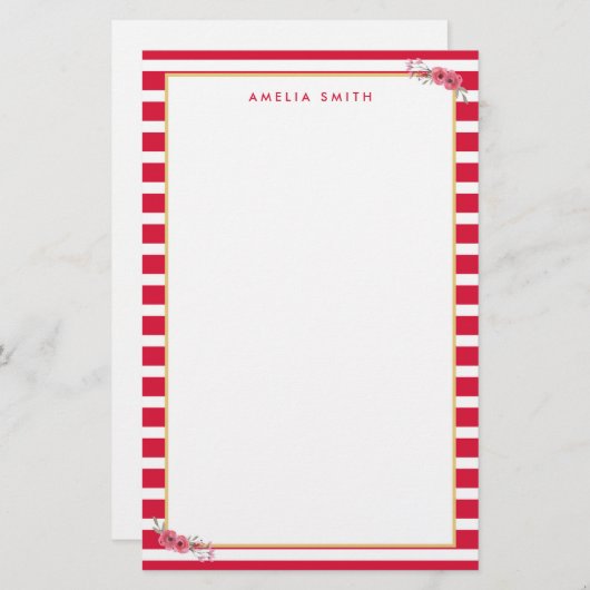 シックなパーソナライズされた名前ピンクストライプ色の花 便箋 (正面/裏面)