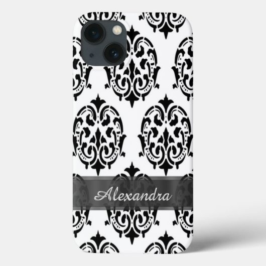 シックなパーソナライズされた黒エレガントと白のダマスク Case-Mate iPhoneケース (裏面)