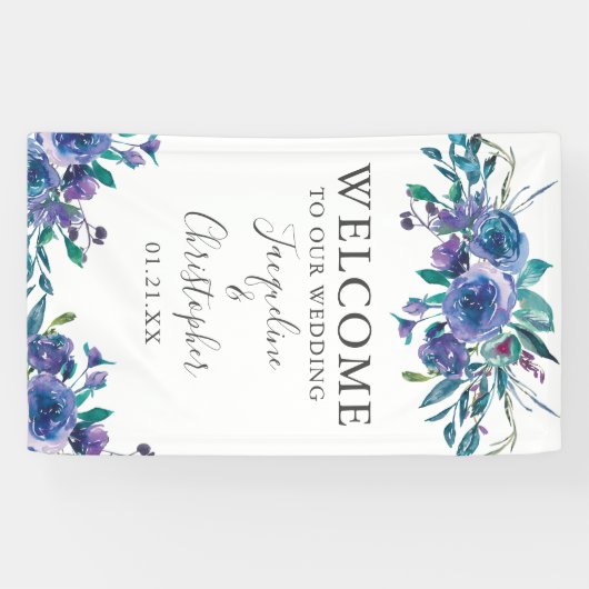 シックなパープルモダンフローラへようこそ結婚 横断幕 (横)