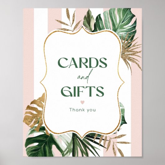 シックなパームストライプピンクブライダルカードとギフト ポスター (正面)