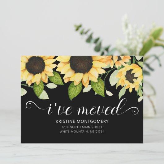 シックなヒマワリの水彩フローラブラック移動 案内状 (スタンド正面)