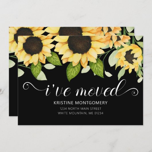 シックなヒマワリの水彩フローラブラック移動 案内状 (正面/裏面)