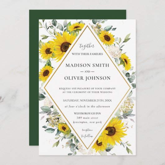 シックなヒマワリフローラグリーナリージオメトリック結婚ズ 招待状 (正面/裏面)
