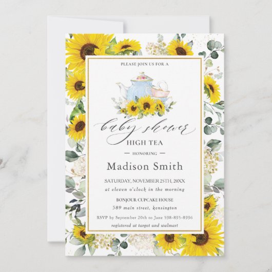 シックなヒマワリフローラハイティーパーティー赤ちゃんシャワー 招待状 (正面)