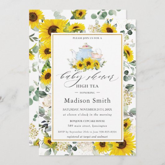シックなヒマワリフローラハイティーパーティー赤ちゃんシャワー 招待状 (正面/裏面)