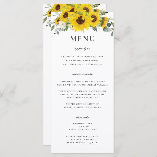 シックなヒマワリフローラ結婚グリーンのメニュー プログラム (正面/裏面)