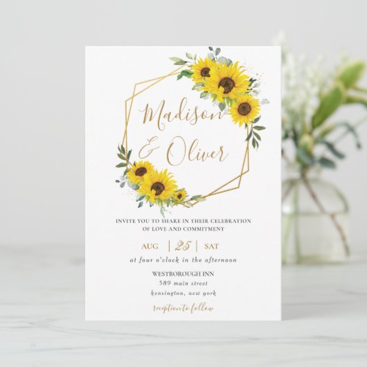 シックなヒマワリフローラ金ゴールド幾何結婚性 招待状 (スタンド正面)