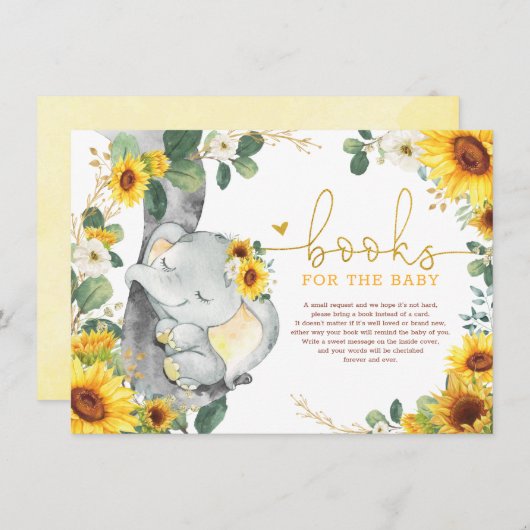 シックなヒマワリ象が本の赤ちゃんシャワーを持参 エンクロージャーカード (正面/裏面)