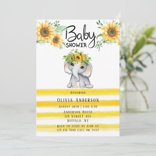 シックなヒマワリ象の女の子の赤ちゃんシャワーの招待 招待状 (スタンド正面)
