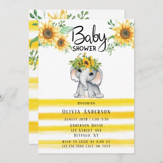 シックなヒマワリ象の女の子の赤ちゃんシャワーの招待 招待状 (正面/裏面)