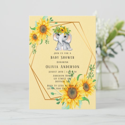 シックなヒマワリ象の女の子ベビーシャワー 招待状 (スタンド正面)