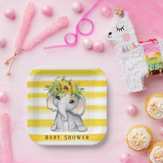 シックなヒマワリ象ストライプの赤ちゃんシャワー ペーパープレート (パーティー)