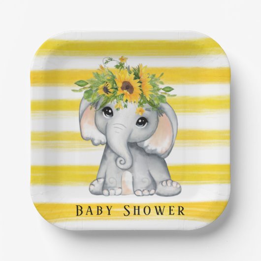 シックなヒマワリ象ストライプの赤ちゃんシャワー ペーパープレート (正面)