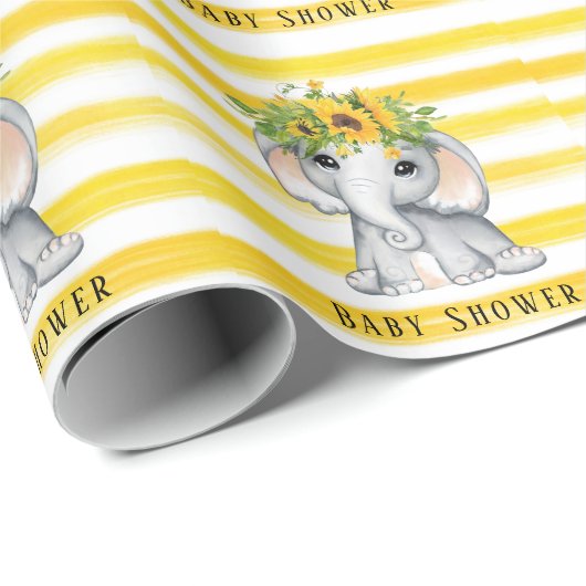 シックなヒマワリ象ストライプの赤ちゃんシャワー ラッピングペーパー (ロールコーナー)