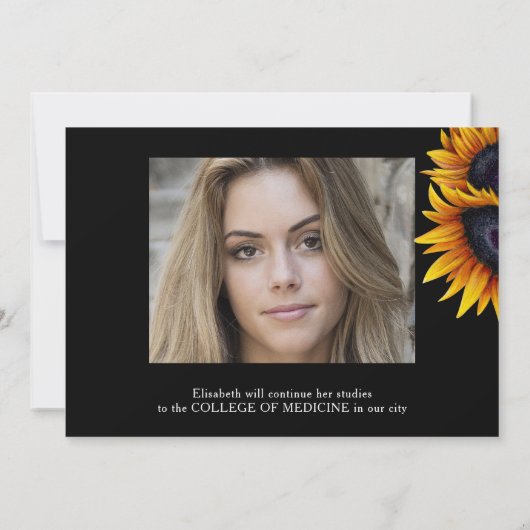 シックなヒマワリ2枚の写真の卒業発表 招待状 (裏面)