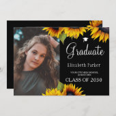 シックなヒマワリ2枚の写真の卒業発表 招待状 (正面/裏面)