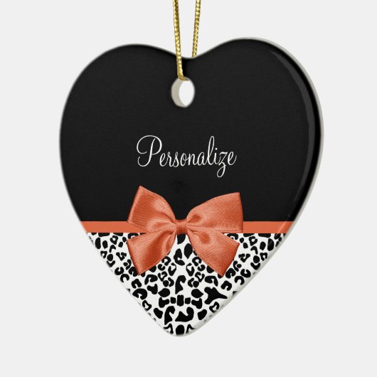 シックなヒョウ柄の焼けたオレンジの弓の名前 セラミックオーナメント (左)