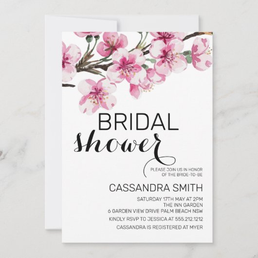 シックなピンクさくらんぼブロッサムボタニカルブライダルシャワー 招待状 (正面)