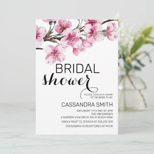 シックなピンクさくらんぼブロッサムボタニカルブライダルシャワー 招待状 (スタンド正面)