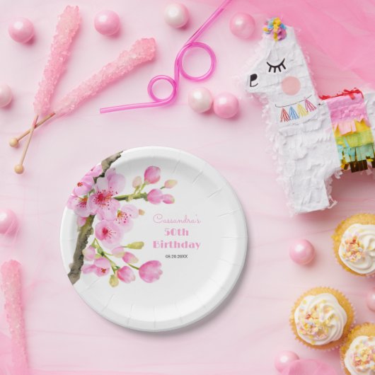 シックなピンクさくらんぼブロッサム桜フローラ誕生日 ペーパープレート (パーティー)