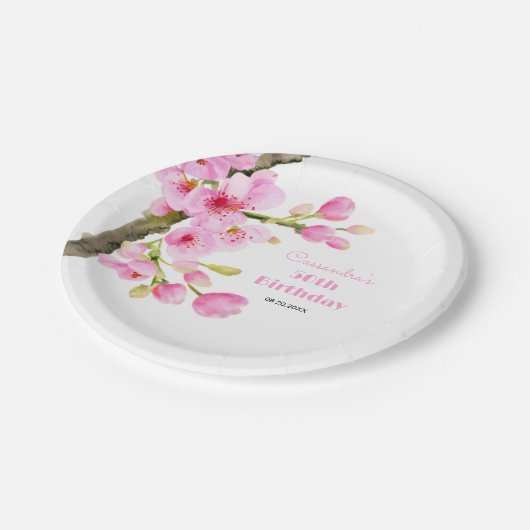 シックなピンクさくらんぼブロッサム桜フローラ誕生日 ペーパープレート (アングル)