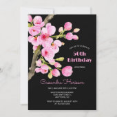 シックなピンクさくらんぼブロッサム桜ブラック誕生日 招待状 (正面)