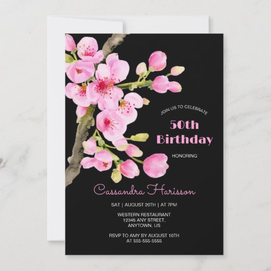シックなピンクさくらんぼブロッサム桜ブラック誕生日 招待状 (正面)
