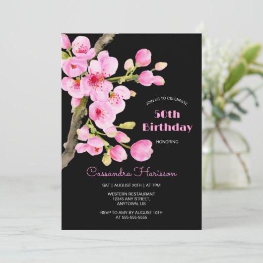 シックなピンクさくらんぼブロッサム桜ブラック誕生日 招待状 (スタンド正面)