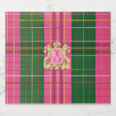 シックなピンクとグリーンの格子柄モノグラムワインボトル スパークリングワインラベル (シングルラベル)