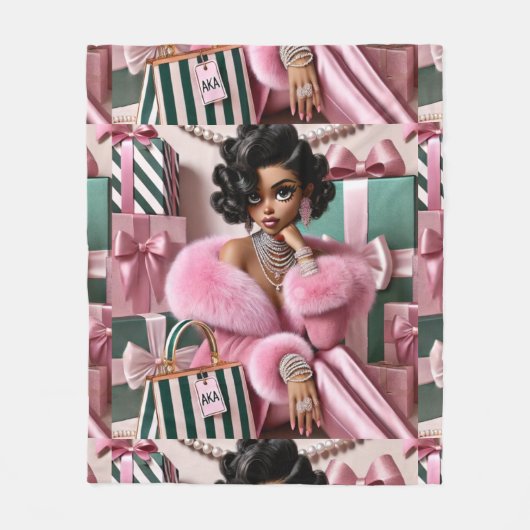 シックなピンクとグリーン フリースブランケット (正面)