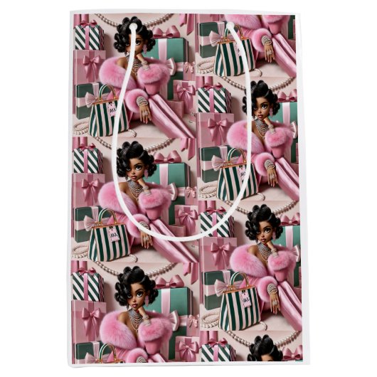 シックなピンクとグリーン ミディアムペーパーバッグ (正面)