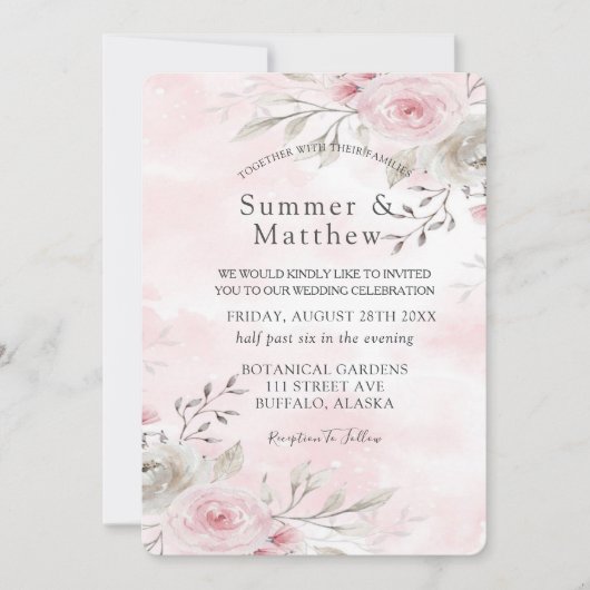 シックなピンクとグレーの水の色の牡丹素朴結婚の 招待状 (正面)
