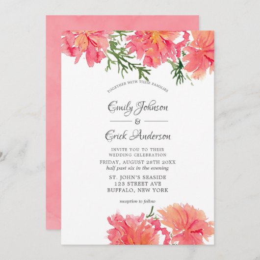 シックなピンクとコーラルウォーターの色ダリア結婚ス 招待状 (正面/裏面)