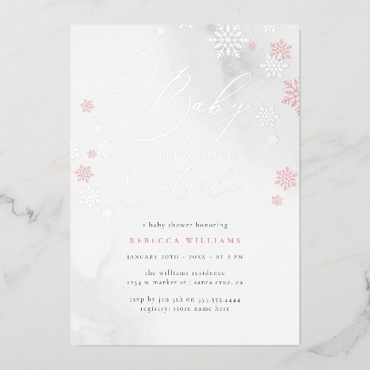 シックなピンクとシルバーの雪の結晶の冬のベビーシャワー 箔招待状 (正面)