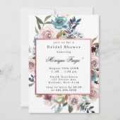 シックなピンクとティール（緑がかった色）牡丹ブライダルシャワー招待 招待状 (正面)