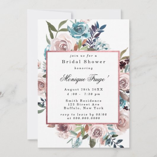 シックなピンクとティール（緑がかった色）牡丹ブライダルシャワー招待 招待状 (正面)