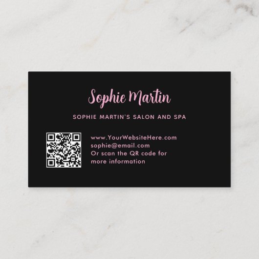 シックなピンクと白のストライプと弓 | QRコード 名刺 (裏面)