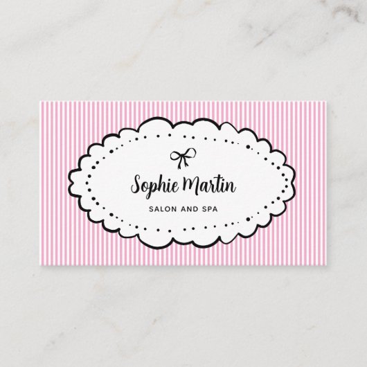 シックなピンクと白のストライプと弓 | QRコード 名刺 (正面)
