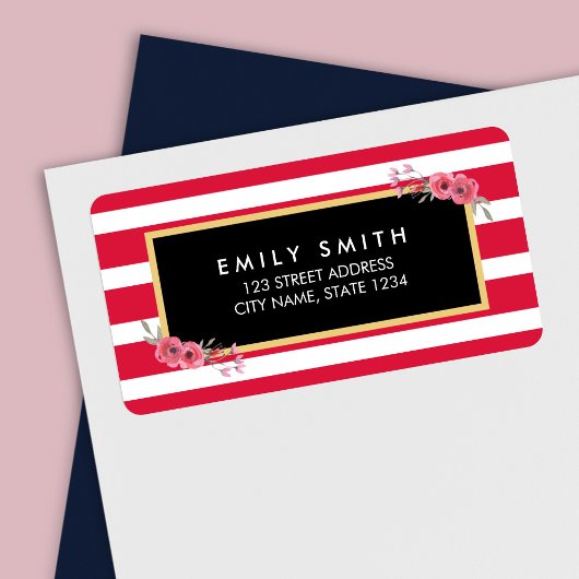 シックなピンクと白ストライプ色のフローラ ラベル