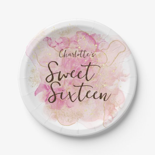 シックなピンクと金ゴールドの水の色の甘い16パーティー ペーパープレート (正面)