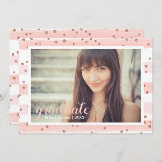 シックなピンクと金ゴールドストライプのの大学院パーティーカード 招待状 (正面/裏面)