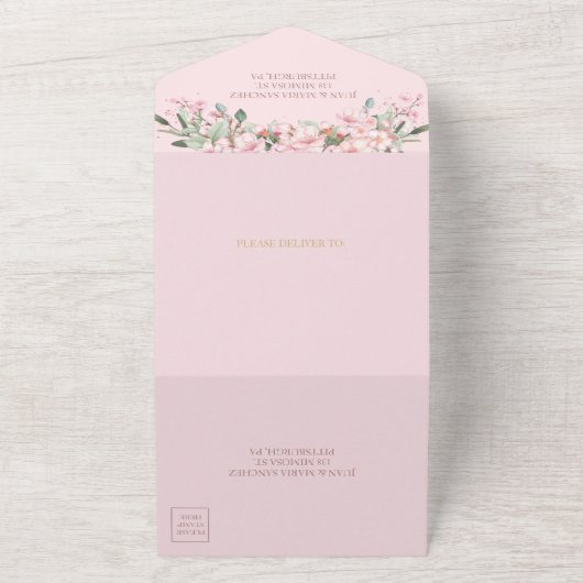 シックなピンクのさくらんぼバラ金ゴールドキンセアニラ オールインワン招待状 (外側)