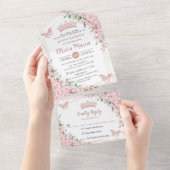 シックなピンクのさくらんぼバラ金ゴールドキンセアニラ オールインワン招待状 (貼ってはがせる)